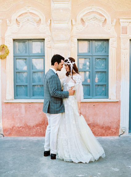Peony inspired pastel wedding ideas in Santorini Inspiration