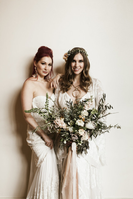 Romantic urban same sex wedding ideas with blush tones