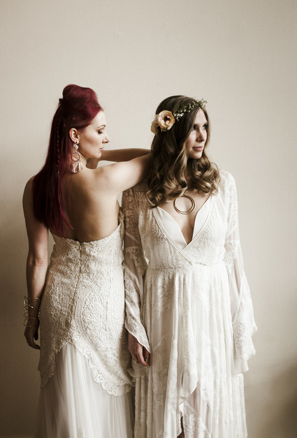 Romantic urban same sex wedding ideas with blush tones