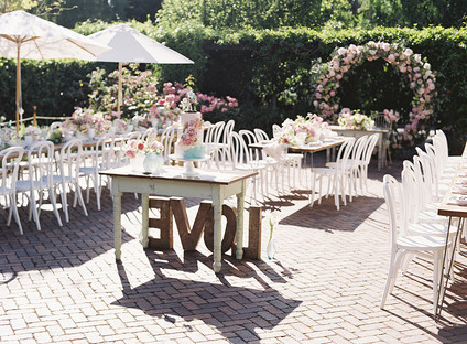 Whimsical pink and blue music-inspired wedding at Allied Arts Guild in Menlo Park
