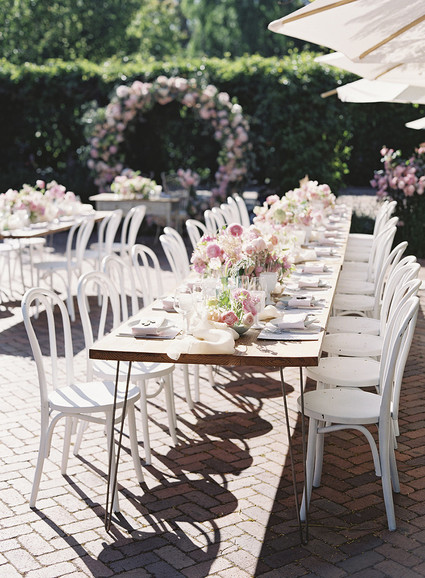 Whimsical pink and blue music-inspired wedding at Allied Arts Guild in Menlo Park