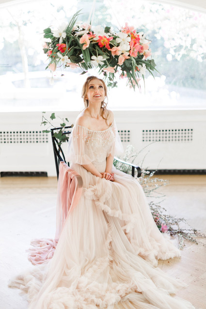 A stunning bridal editorial with a giant pink camellia tree