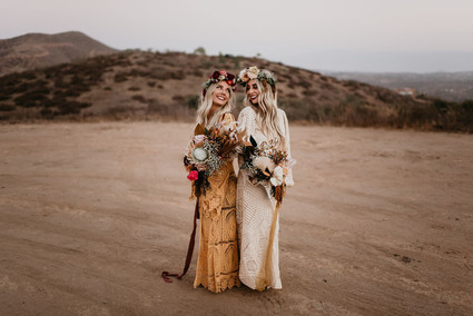Boho vow renewal with a palm frond teepee at Wolf Feather Honey Farm