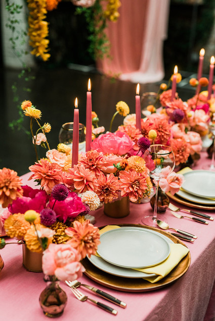 Ultra colorful wedding design inspired by Indian floral garlands and Day of the Dead Inspiration