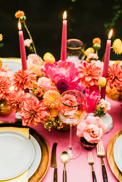 Ultra colorful wedding design inspired by Indian floral garlands and Day of the Dead