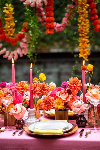 Ultra colorful wedding design inspired by Indian floral garlands and Day of the Dead