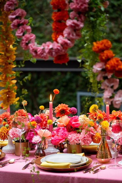 Ultra colorful wedding design inspired by Indian floral garlands and Day of the Dead