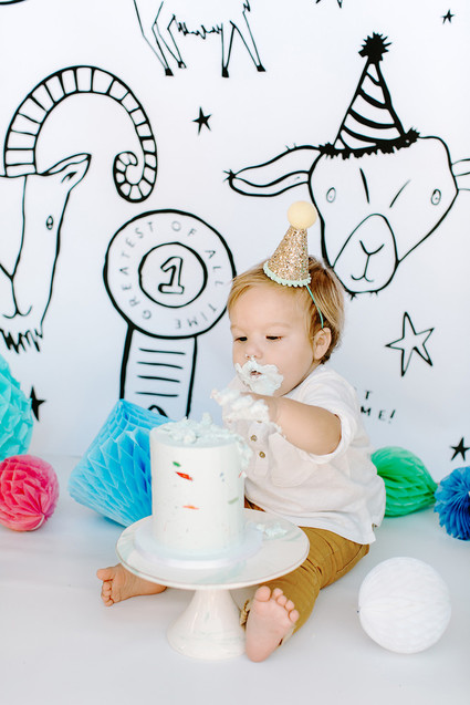 Greatest of All Time (G.O.A.T.) first birthday cake smash session Inspiration