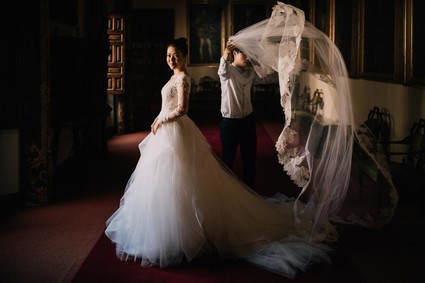 A moody dream garden wedding for a fashion forward couple at Palacio Villahermosa in Spain