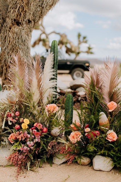 Colorful boho wedding reception in Joshua Tree