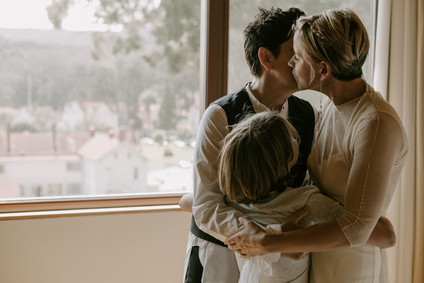 Organic same-sex wedding at Cavallo Point in San Francisco with the couple's children