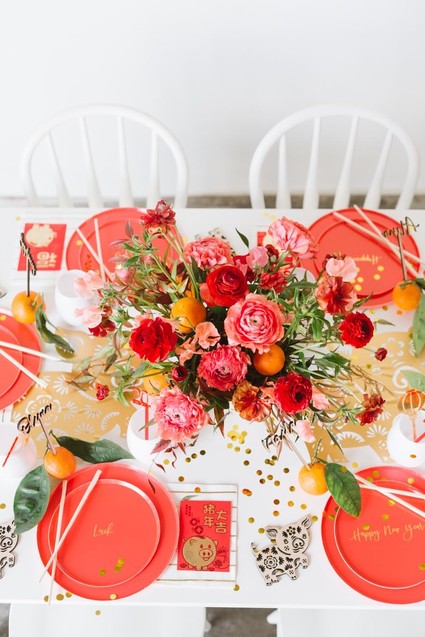 Lunar New Year kids party with red and gold details