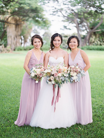 Romantic mauve Maui wedding with the most magical reception setting at Olowalu Plantation House