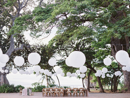 Romantic mauve Maui wedding with the most magical reception setting at Olowalu Plantation House