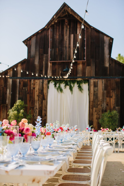 long white and floral reception tables at Greengate Ranch