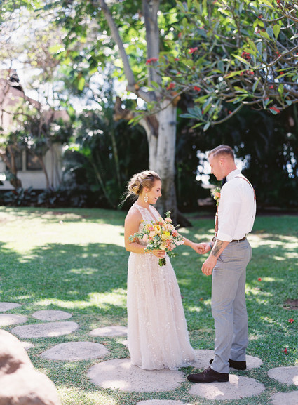 Romantic Hawaii wedding with an insanely cool dress, inspired by a Maui sunset