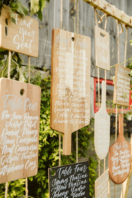 Cutting board seating chart for a farm to table barn wedding
