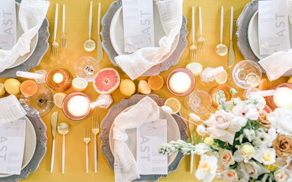 Marigold and grey modern tropical wedding ideas