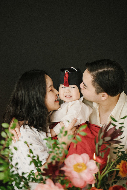 Elegant floral first birthday Korean Dol with peonies