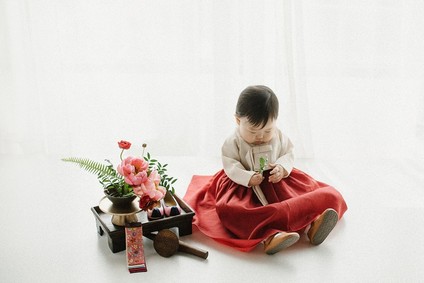 Elegant floral first birthday Korean Dol with peonies