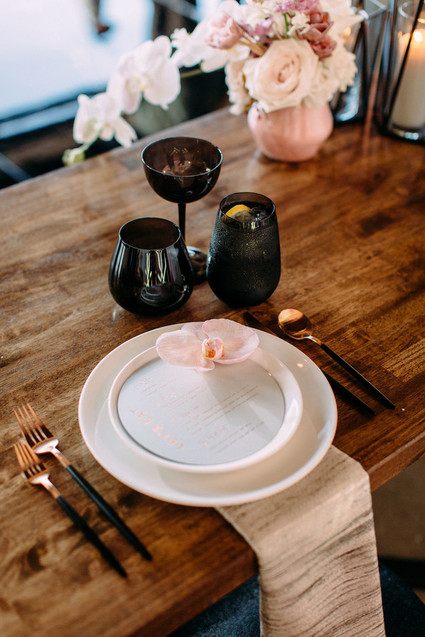Modern black + blush place settings