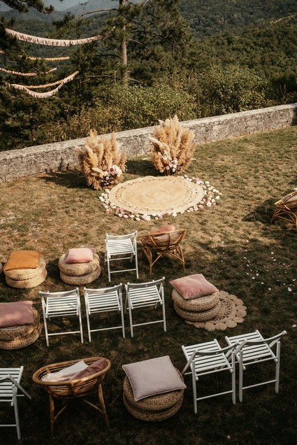 Modern bohemian wedding ceremony with pampas grass