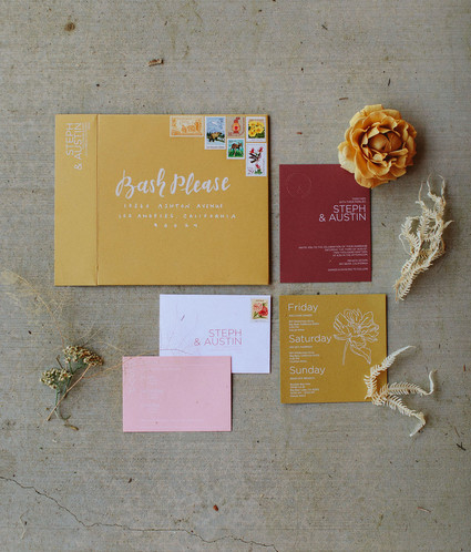 mustard + burgundy wedding invitations