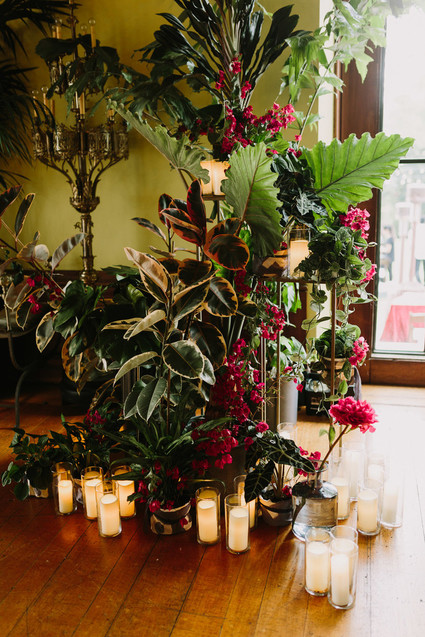 dramatic hollywood wedding ceremony with tropical plants